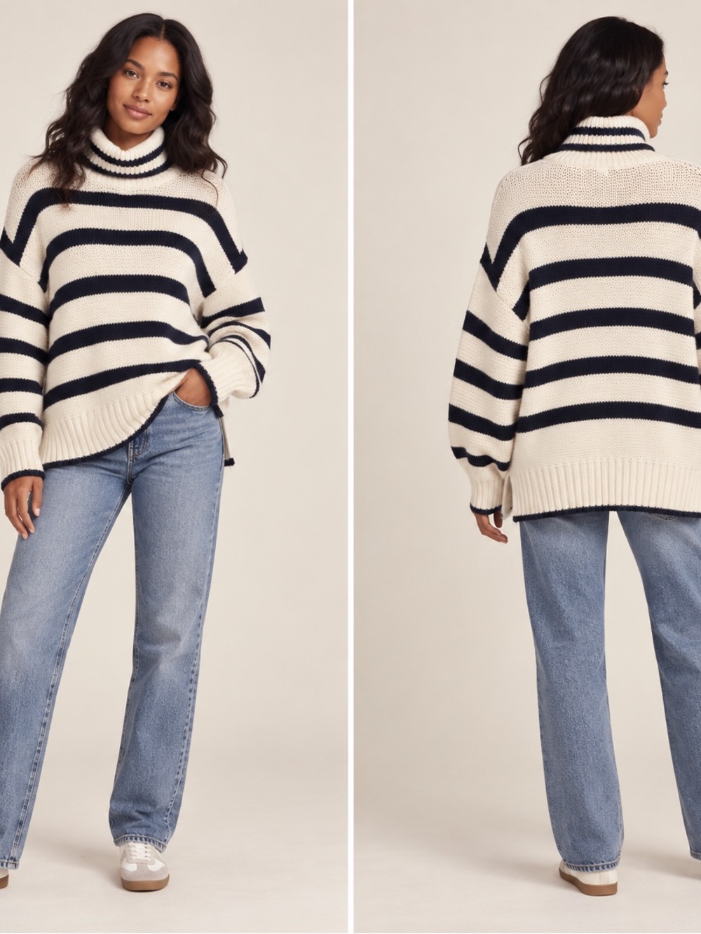 Oversized Topshop Striped  Turtleneck Sweater - Cream & Navy SZ M